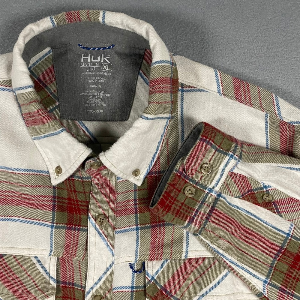 Huk‎ Mens XL Plaid Flannel Fishing Shirt Long Sleeve Button Down White Red Green